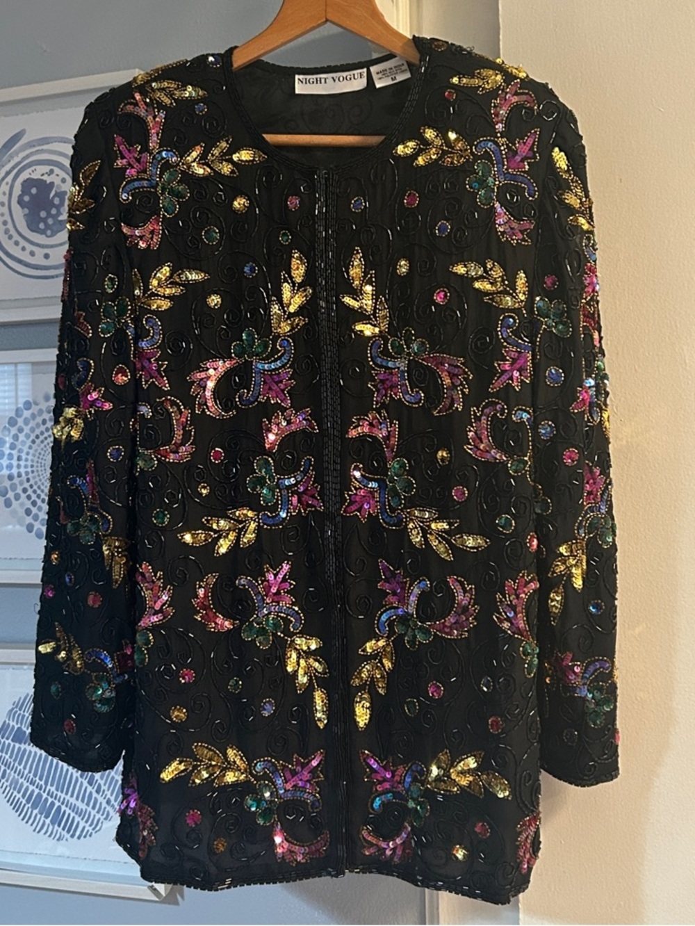 Night Vogue Vintage 80s 90s Silk Sequin Beaded Whimsigoth Blazer Jacket Size L
